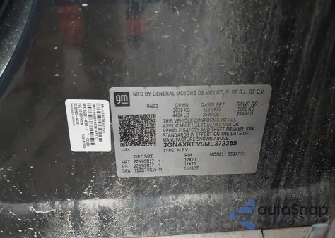 2021 Chevrolet Equinox Fwd Lt z USA, uszkodzony, nr VIN 3GNAXKEV9ML372355